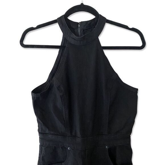 FREE PEOPLE Sz 8 CRVY SYDNEY HALTER DENIM JUMPSUIT BLACK Stretch Bell Bottom M - Picture 8 of 10